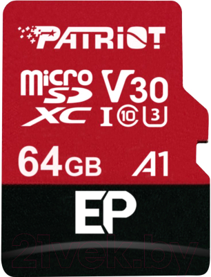 

Карта памяти Patriot, microSDXC EP Series UHS-I U3 V30 A1 64GB (PEF64GEP31MCX)