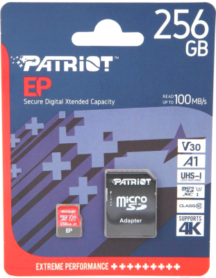 

Карта памяти Patriot, microSDXC 256GB (Class 10) U3 V30 A1 + адаптер (PEF256GEP31MCX)